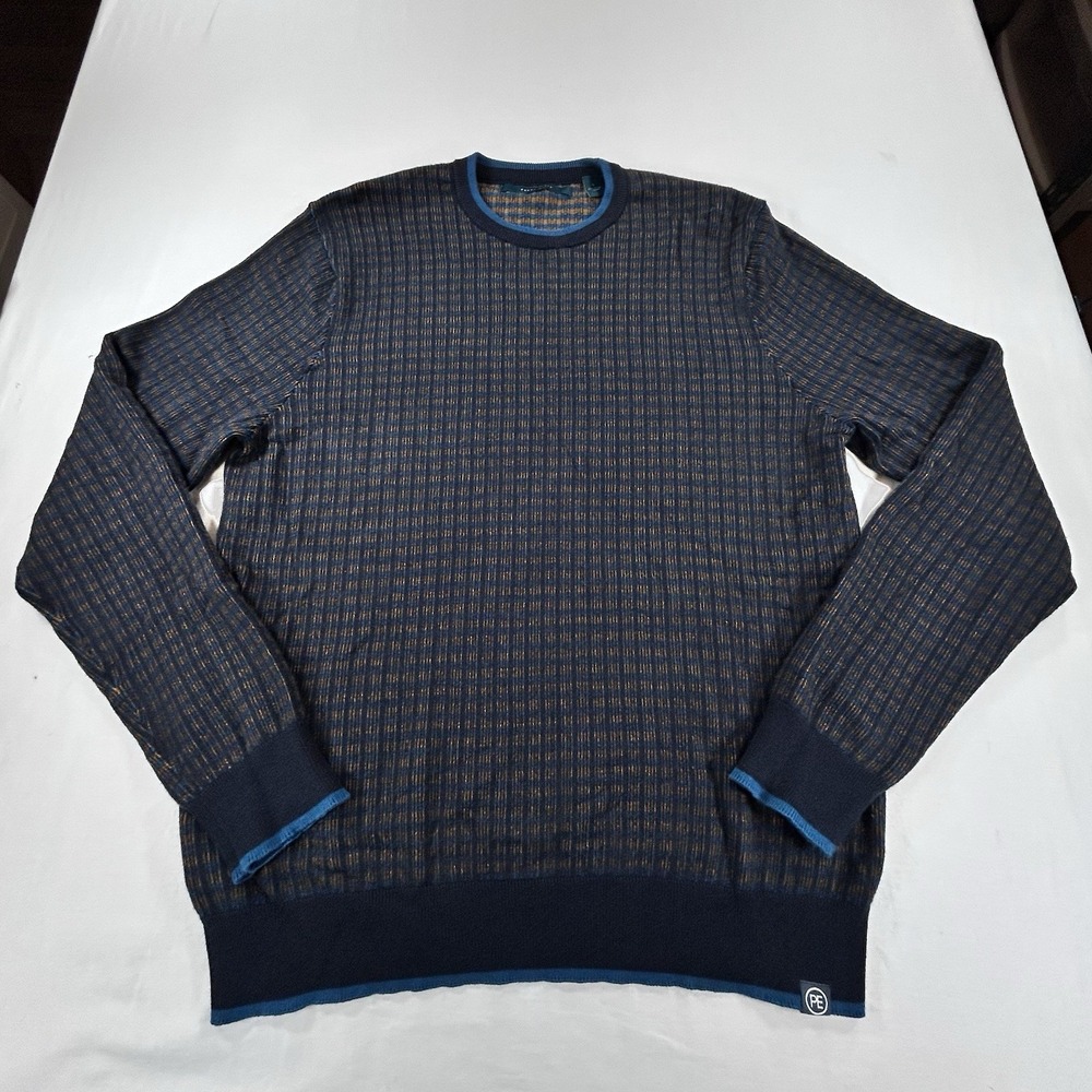 Perry Ellis Sweater Mens L Geometric Knit Navy Yellow Checkered Work Business